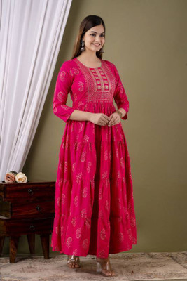 PVZ Women Embroidered Gown Kurta(Pink)