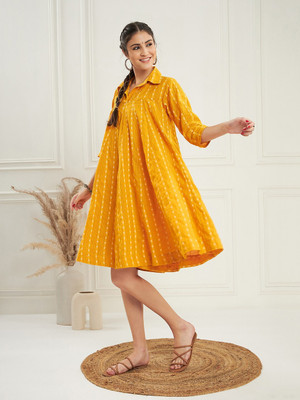 MAMISAA Women Self Design Flared Kurta(Yellow)