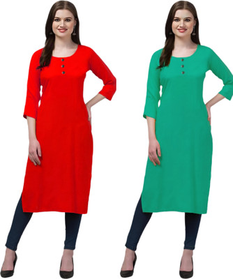 Coft Women Solid Straight Kurta(Red, Green)