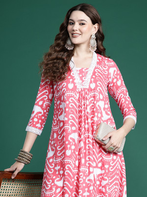 Indo Era Women Printed A-line Kurta(Red)