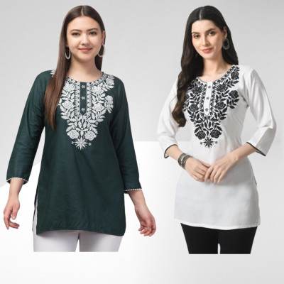 PENTTO Women Chikan Embroidery Straight Kurta(White)