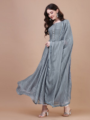 Crissy Women Striped Anarkali Kurta(Grey)
