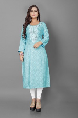 kuvad Women Embroidered Straight Kurta(Light Blue)