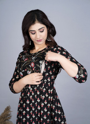 RS Creations Women Printed Flared Kurta(Black)