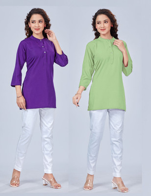 SPGR Women Solid Straight Kurta(Purple, Green)