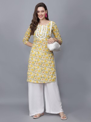 etraana Women Floral Print A-line Kurta(Yellow)