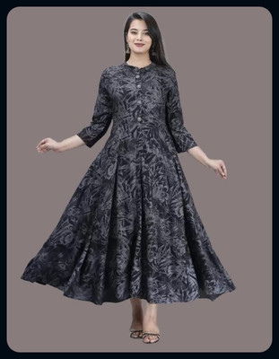 The Anvitextile Women Printed Anarkali Kurta(Black, Grey)