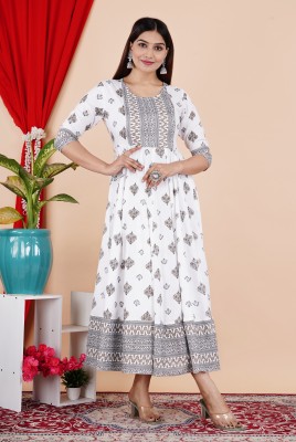 CHARVI CREATION Women Printed Anarkali Kurta(White)