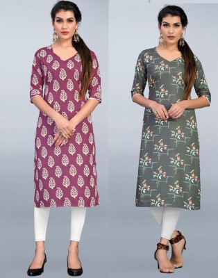 Hiral Creation Women Printed Straight Kurta(Pink, Grey)