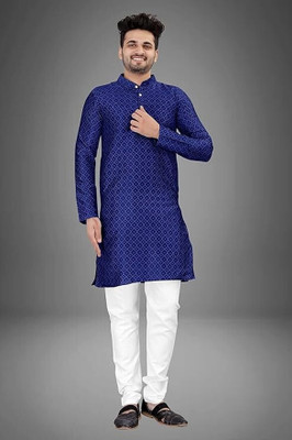 HOC's Men Self Design A-line Kurta(Dark Blue)