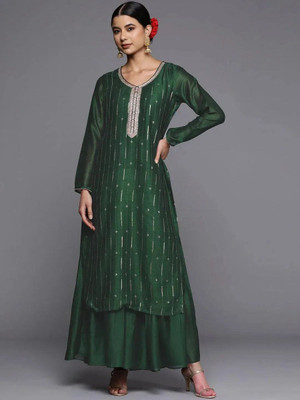RARE THREAD Women Embroidered A-line Kurta(Green)
