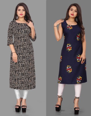 maruti fab Women Printed Straight Kurta(Black, Dark Blue)