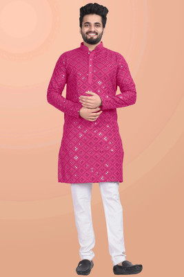 shreeram Men Embroidered Straight Kurta(White)