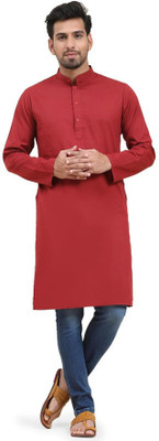 Oxipital Club Men Solid Asymmetric Kurta(Red)