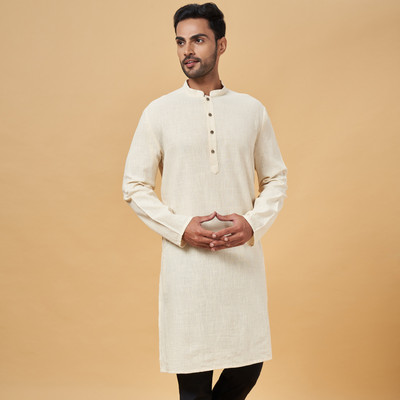 Indus Route by Pantaloons Men Self Design Straight Kurta(Beige)