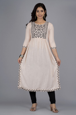 ASHISH PRINT Women Embroidered Straight Kurta(Beige)