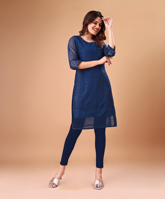 KAYRAAH Women Chikan Embroidery Straight Kurta(Blue)