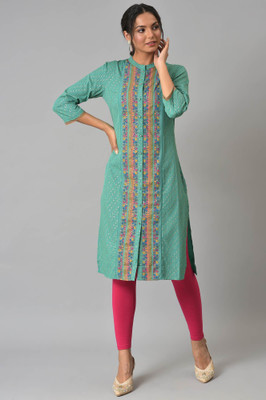 W Women Printed Straight Kurta(Green)