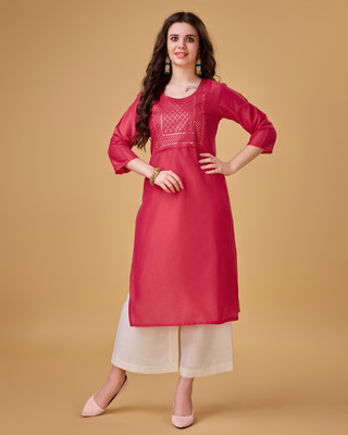 Beshas studio Palace Women Patchwork A-line Kurta(Red)