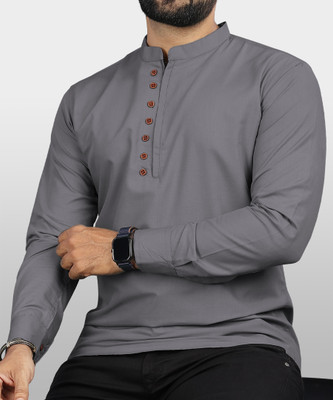 VTEXX Men Solid Straight Kurta(Grey)