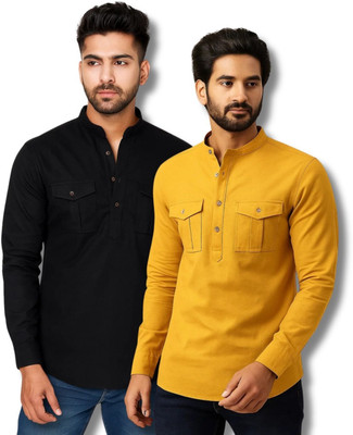 COTTONCHHAP Men Solid Straight Kurta(Black, Yellow)