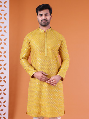 Aurik Men Solid Straight Kurta(Yellow)