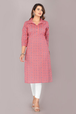 Kriftee Women Printed Straight Kurta(Pink)