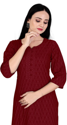 akshar creation Women Chikan Embroidery Straight Kurta(Maroon)