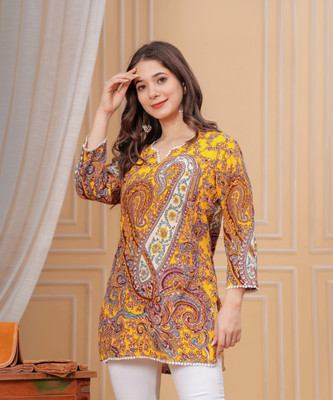 D&H Women Printed Straight Kurta(Yellow)