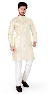 TRUST OUS Men Embroidered Straight Kurta(Beige)