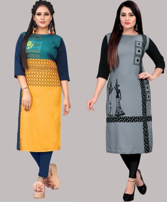 tanvi creation Women Printed Straight Kurta(Yellow, Pink)