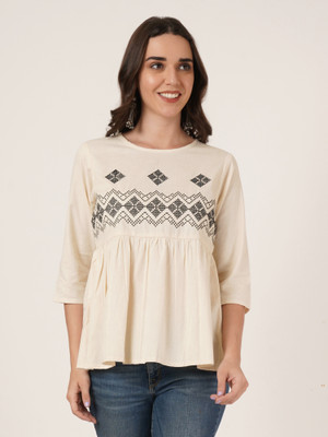 Brownverse Casual Embroidered Women Beige Top