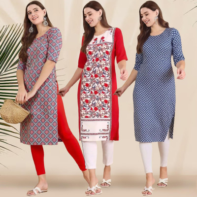 EthnicBasket Women Striped, Geometric Print A-line Kurta(Multicolor)