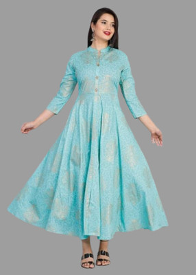 PSFabrics Women Floral Print Flared Kurta(Blue)