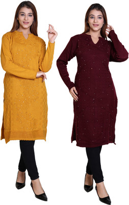 Japroz Women Embellished, Embroidered, Self Design A-line Kurta(Yellow, Maroon)
