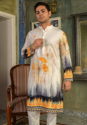 LEMONX Men Printed Straight Kurta(White)