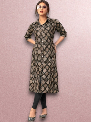 ABHI FAB Women Printed Straight Kurta(Black)