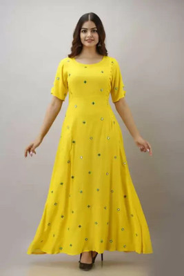 Shunit creation Women Embroidered Anarkali Kurta(Yellow)