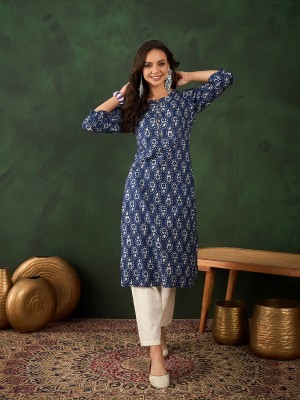 Sangria Women Printed Straight Kurta(Dark Blue)