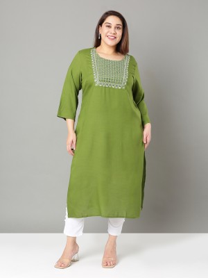 Sztori Women Embroidered A-line Kurta(Green)