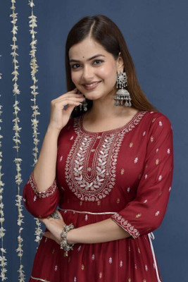 Tvyozs Women Printed Anarkali Kurta(Red)