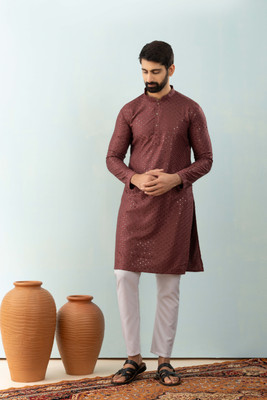 CHIRASVI Men Embroidered Straight Kurta(Brown)