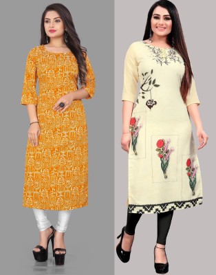 Modli 20 Fashion Women Printed Straight Kurta(Beige, Yellow)