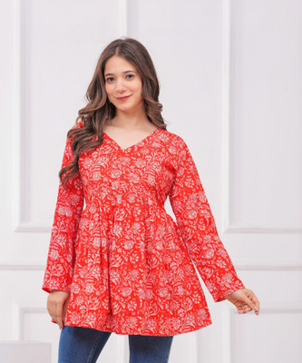 MF ERA Women Printed Flared Kurta(Pink)
