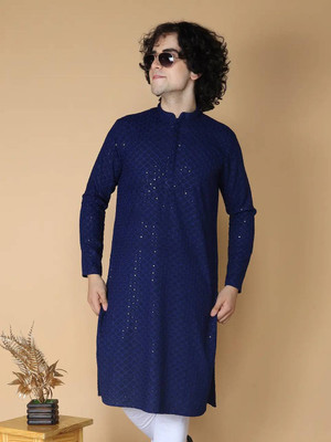 CHIRASVI Men Embellished Straight Kurta(Dark Blue)