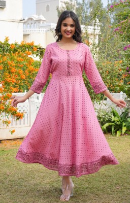 MF HAYAT Women Printed Gown Kurta(Pink)