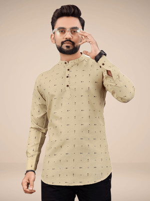 NIVICK Men Geometric Print Straight Kurta(Beige)