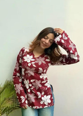 MF ERA Women Floral Print, Printed Straight Kurta(Maroon)