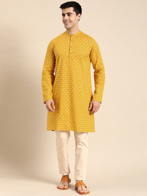ANOUK Men Printed Straight Kurta(Yellow)