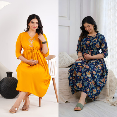 Khoj Bagda Women Printed Anarkali Kurta(Yellow)